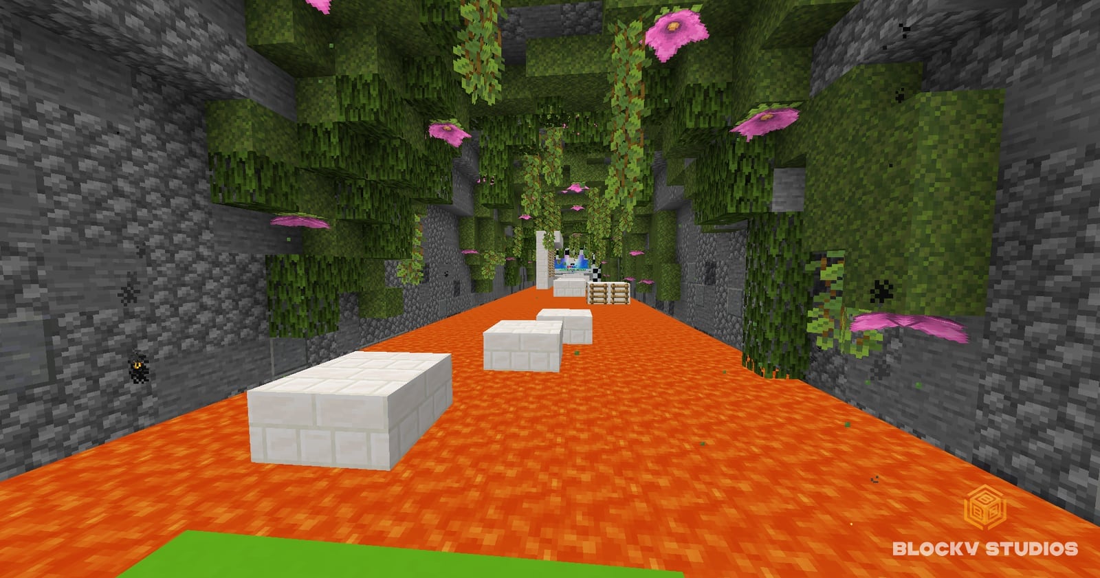 Parkour by eMAG course over lava inside a mossy cave